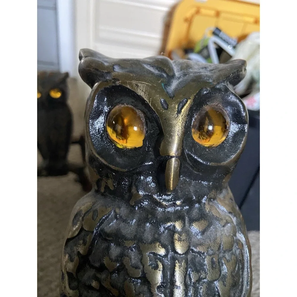 Antique Vintage Brass Owl Andirons Fireplace Amber Glass Eyes‎ 13